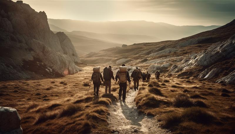Hunters with a guide walking in a group for a mule deer hunt
