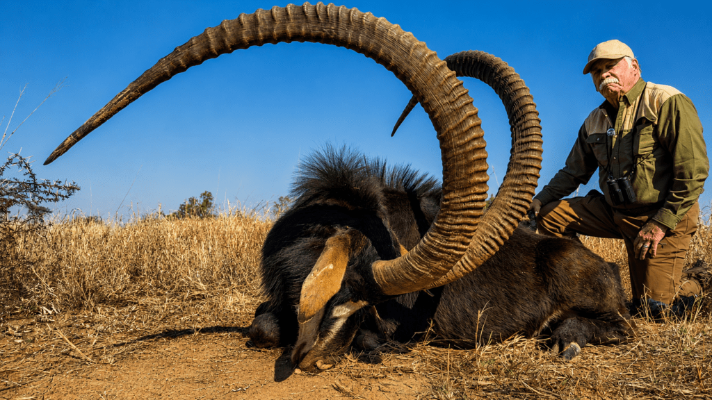 Hunter with a trophy sable antelope in South Africa