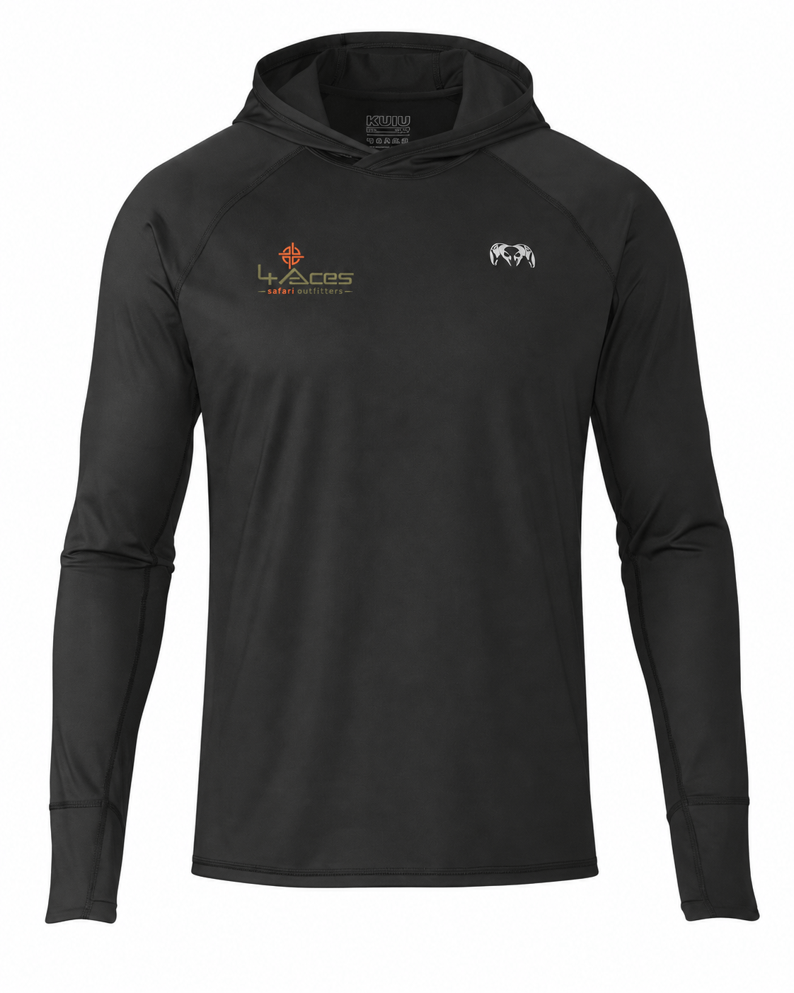 KUIU Gila LS Hoodie in Black with 4 Aces Safari Outfitters logo on the wearer’s right chest