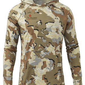 KUIU Gila LS Hoodie in Valo camouflage with 4 Aces Safari Outfitters logo on the wearer’s right chest