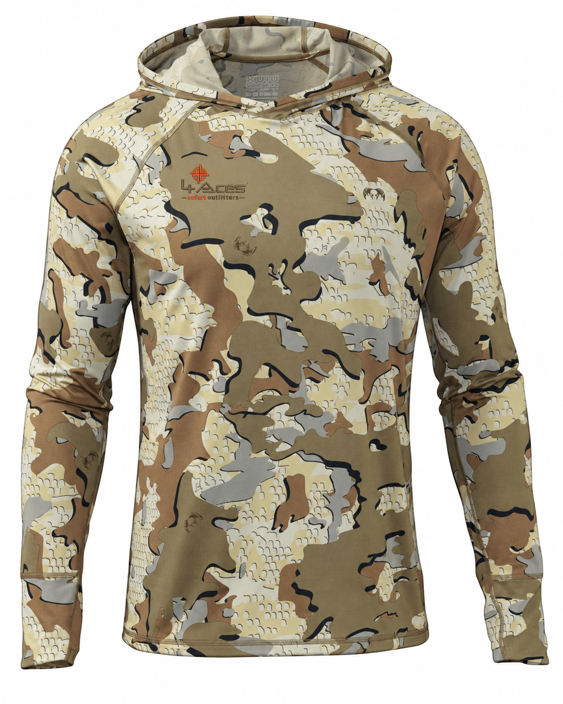 KUIU Gila LS Hoodie in Valo camouflage with 4 Aces Safari Outfitters logo on the wearer’s right chest