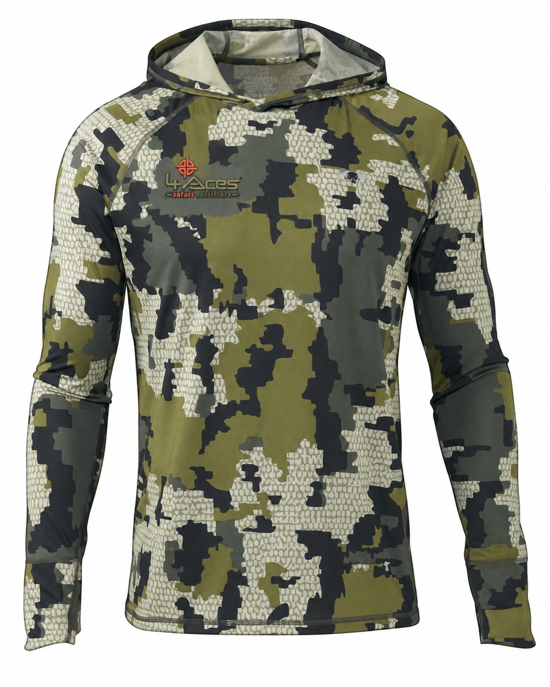 KUIU Gila LS Hoodie in Verde with 4 Aces Safari Outfitters logo on the wearer’s right chest